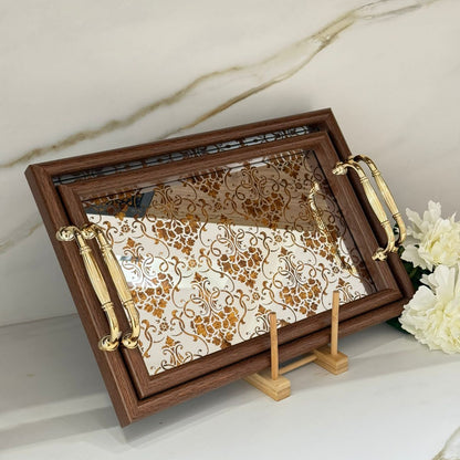 Golden Floral Mirror Tray With Wooden Frame - Dark Brown