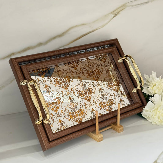 Golden Floral Mirror Tray With Wooden Frame - Dark Brown