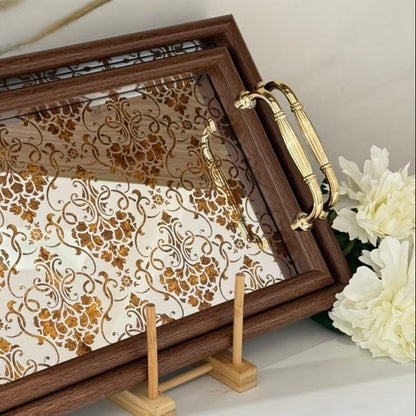 Golden Floral Mirror Tray With Wooden Frame - Dark Brown
