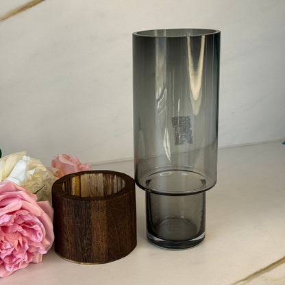 Smoky Glass Vase Collection With Decorative Wooden Base