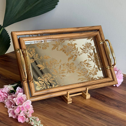 Golden Floral Mirror Tray With Wooden Frame