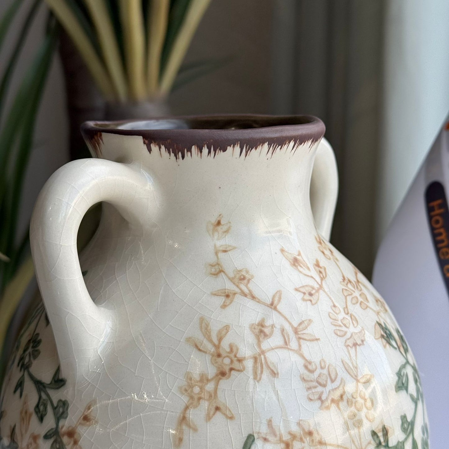 Vintage Floral Ceramic Vase with Dual Handles