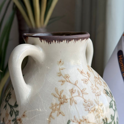 Vintage Floral Ceramic Vase with Dual Handles