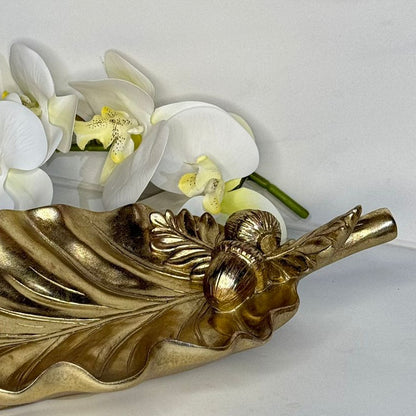 Rustic Leaf Ceramic Tray With Acorn & Pinecone Detail
