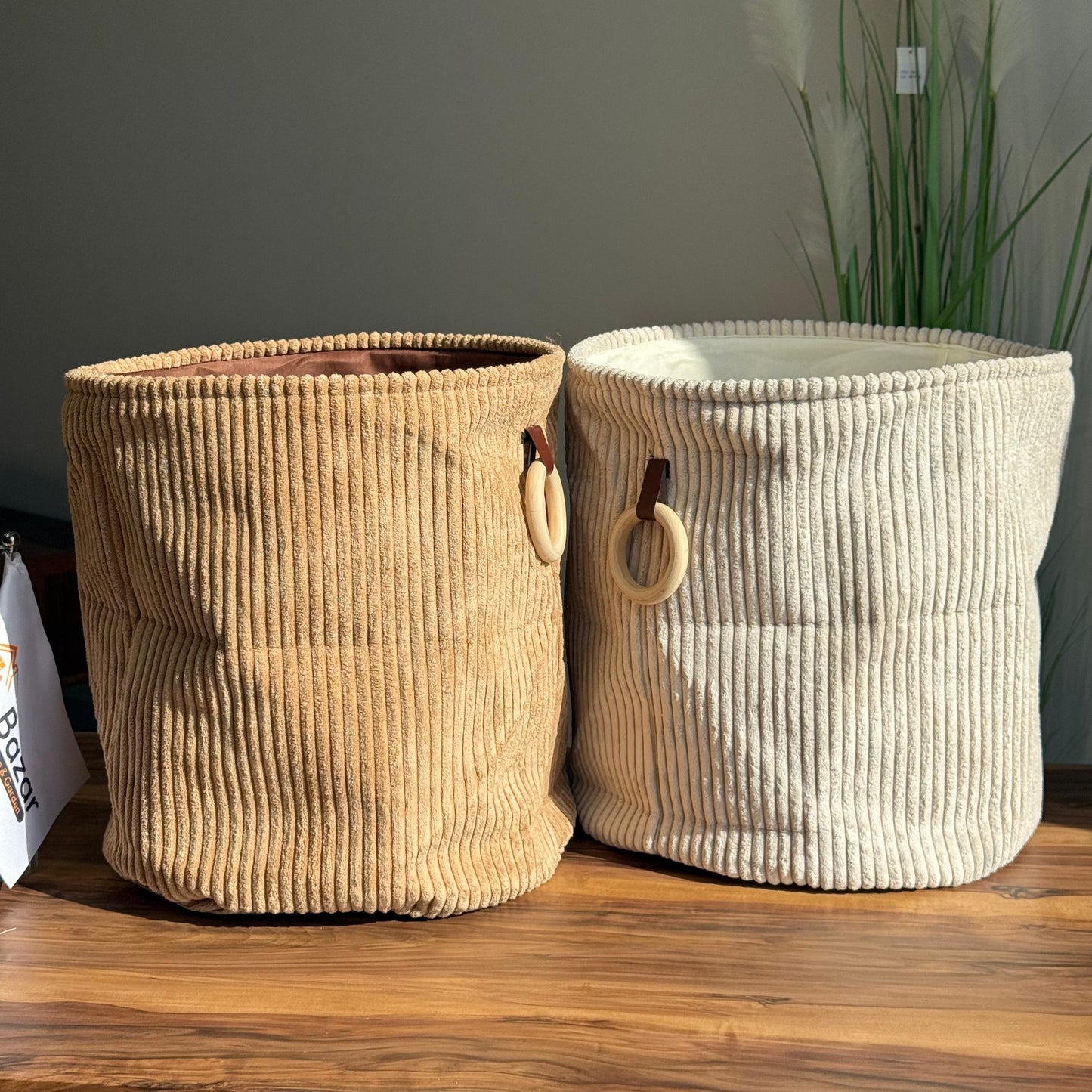 Corduroy Storage Basket with Wooden Ring Handles
