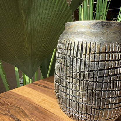 Rustic Grid-Textured Ceramic Vase