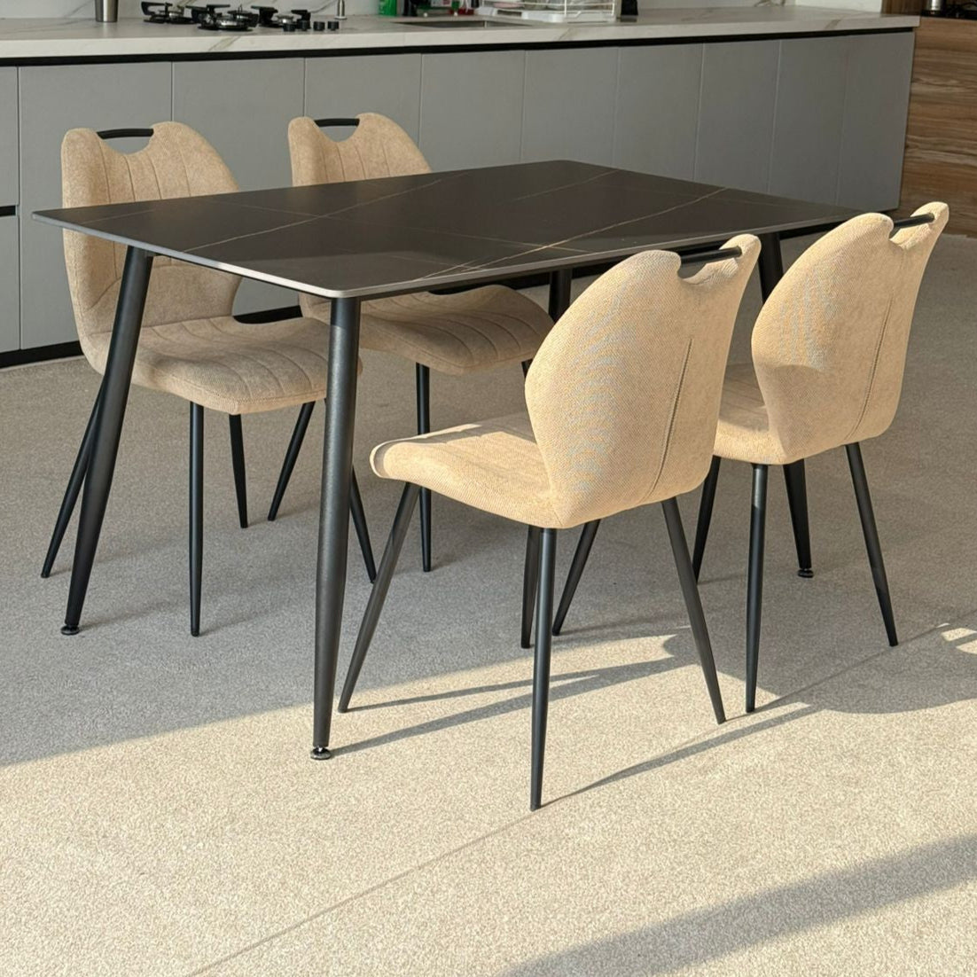 Dany Table and Roza Chairs Dining Set - Black & Light Beige