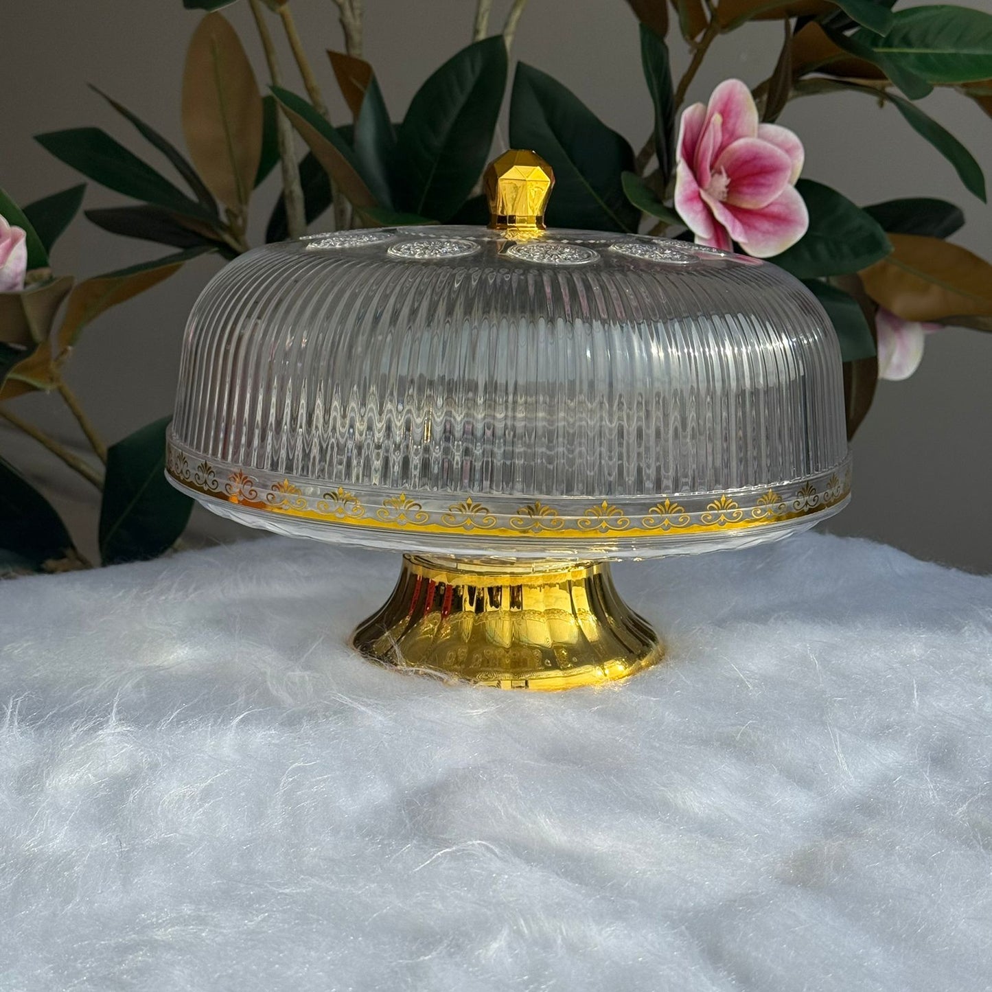 Clear Pedestal Dessert Stand with Gold Accent Lid