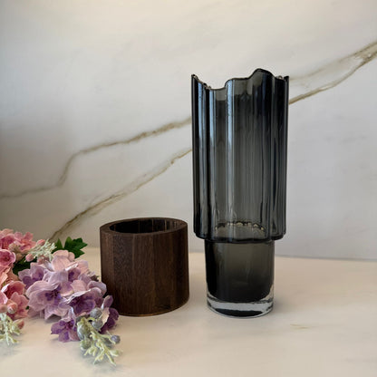 Wave-Edge & Wooden Base - Smoky Glass Vase Collection