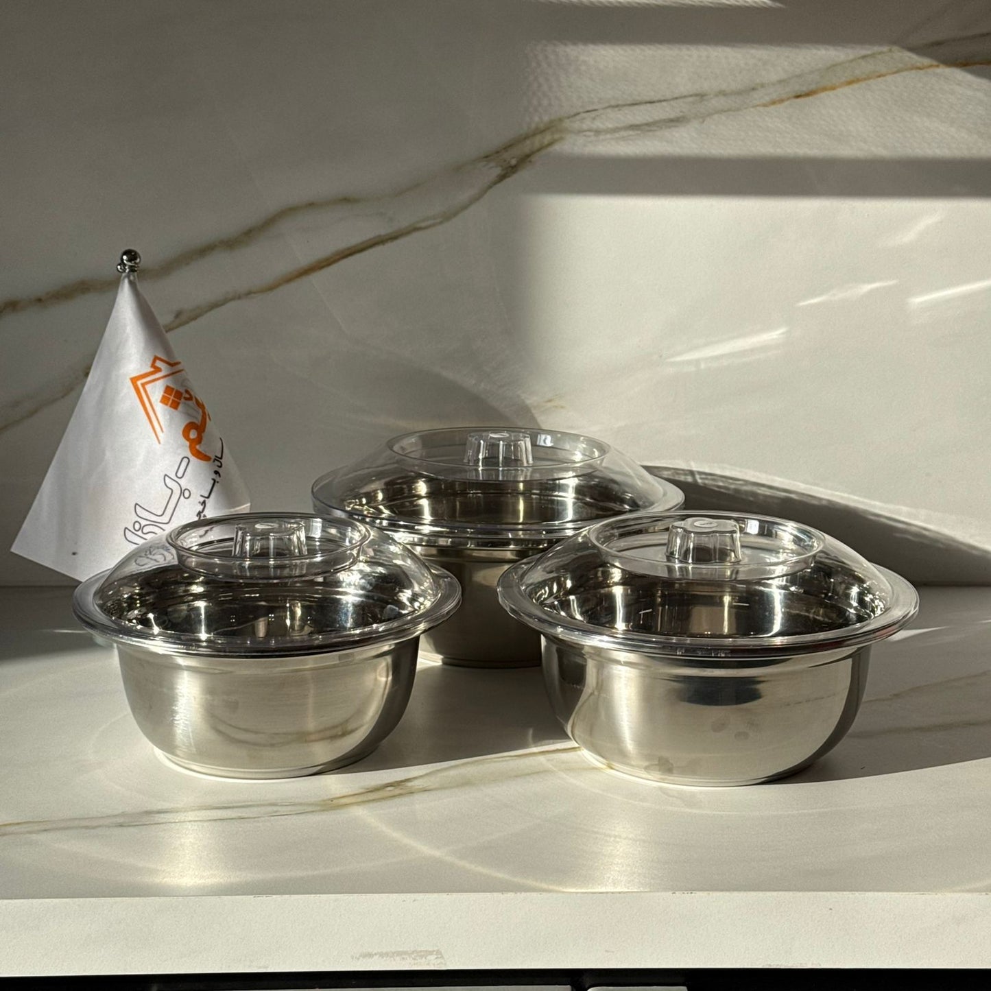 Elegant Silver Stainless Steel Bowl Set with Lids- 3 PCS