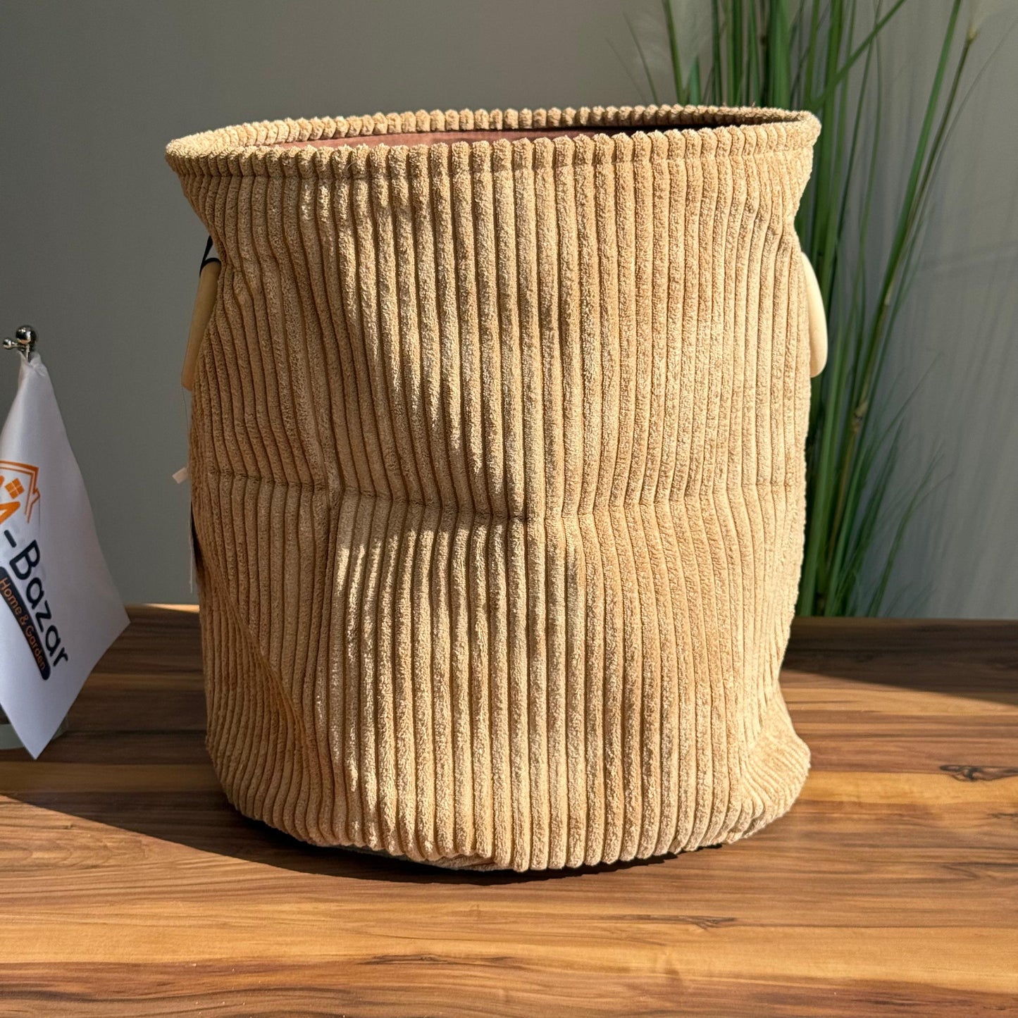 Corduroy Storage Basket with Wooden Ring Handles