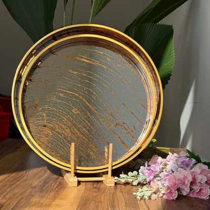 Golden Wave Round Mirror Serving & Decorative Tray