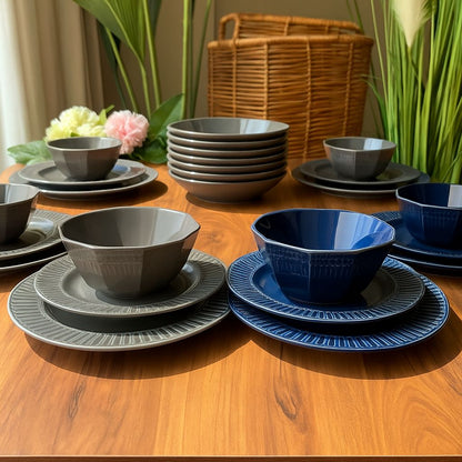 24-Peices Modern Stoneware Dining Set Textured Rim Design