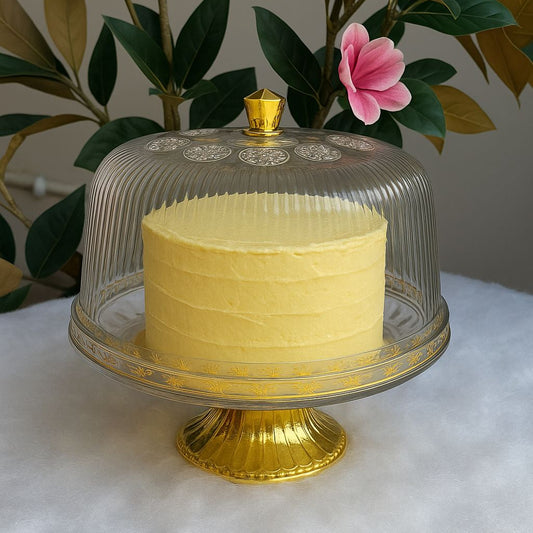 Clear Pedestal Dessert Stand with Gold Accent Lid