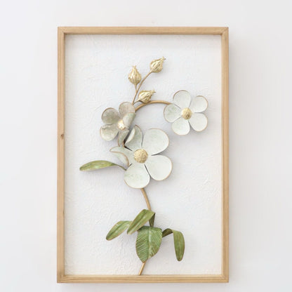 Metal White Flower & Wooden Frame Wall Decoration