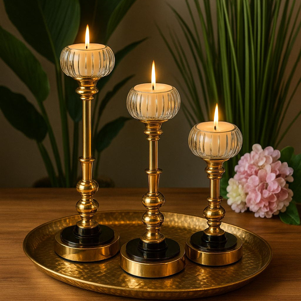 Royal Glow Glass & Gold Candle Holders Set