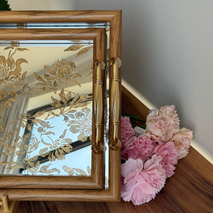 Golden Floral Mirror Tray With Wooden Frame