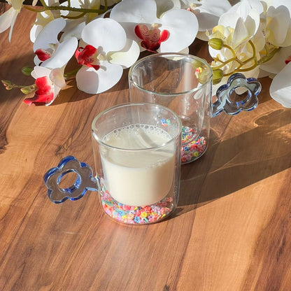Trasparent Double wall Confetti Flower Handle Glass Mug