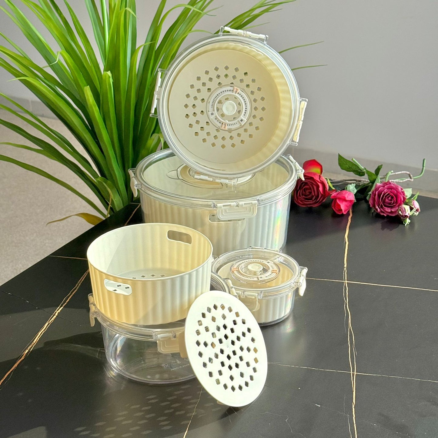 حاوية تخزين طعام دائرية محكمة الغلق مع قرص لعرض التاريخ - مجموعة من 4 قطع