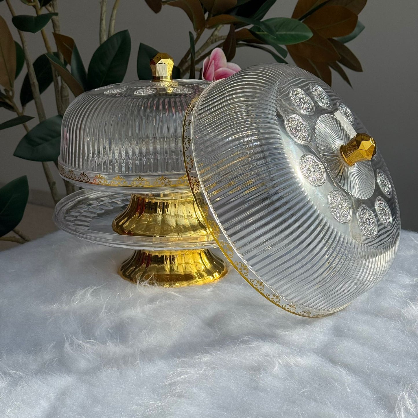 Clear Pedestal Dessert Stand with Gold Accent Lid