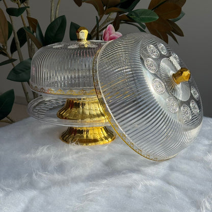 Clear Pedestal Dessert Stand with Gold Accent Lid