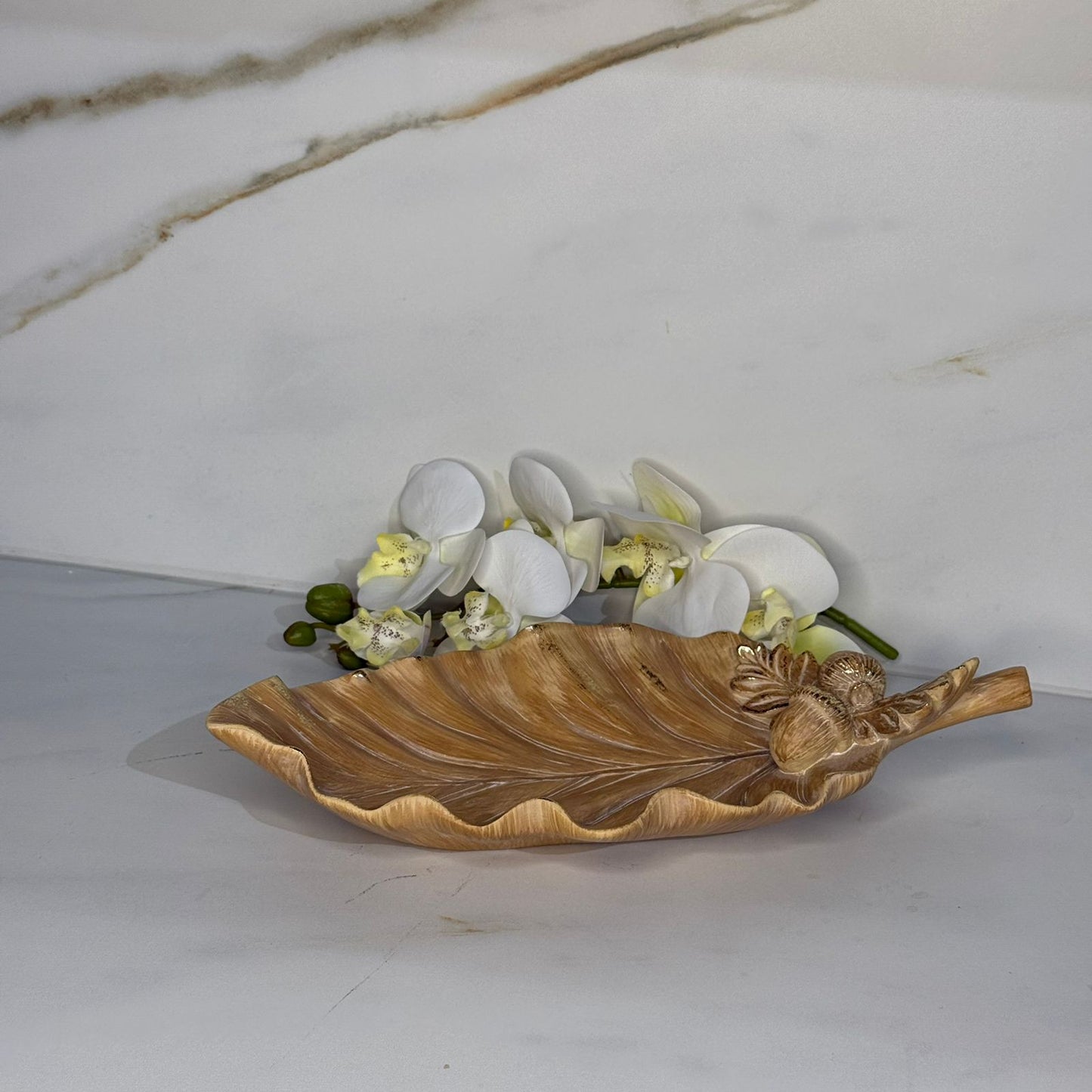 Rustic Leaf Ceramic Tray With Acorn & Pinecone Detail