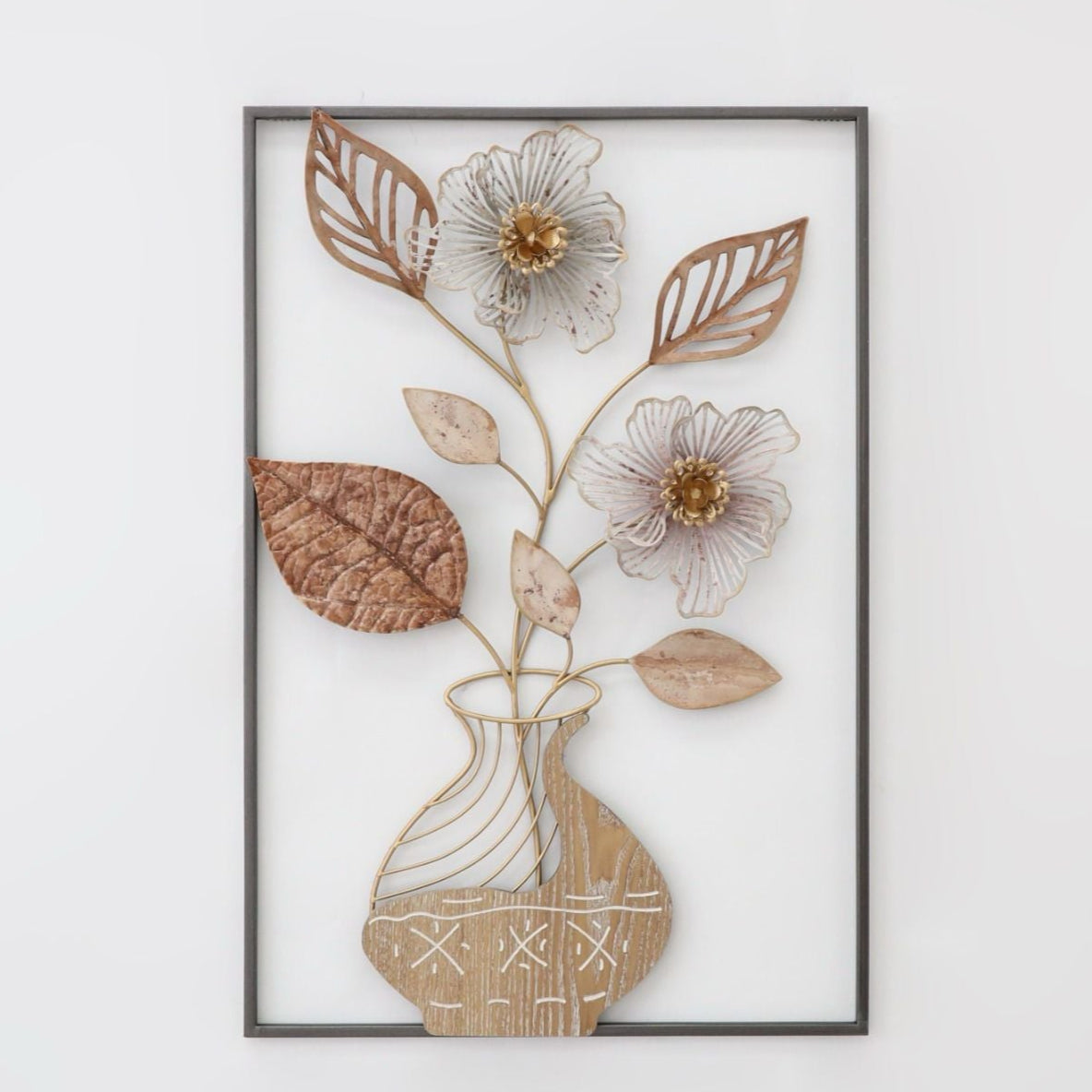 Elegant Metal Vase Of Flowers With Frame Wall Decor
