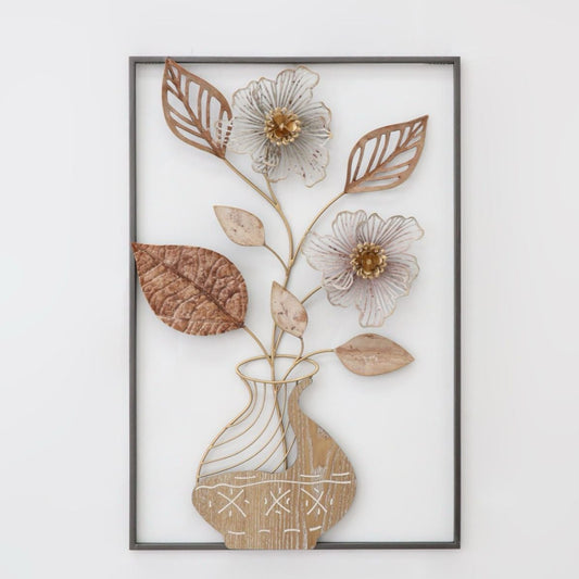 Elegant Metal Vase Of Flowers With Frame Wall Decor