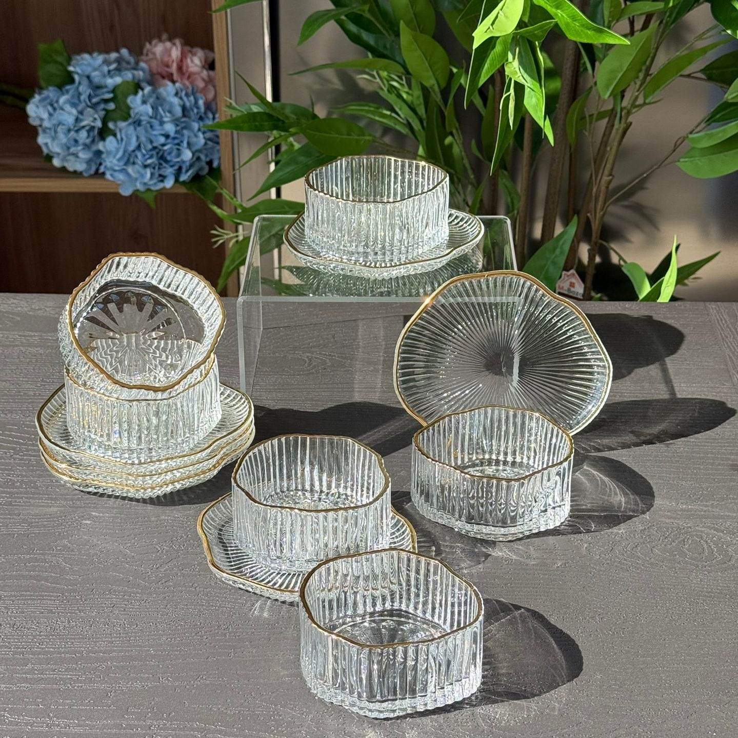 Elegant Glass Snack Serving Bowls with Plates – 12 Pieces