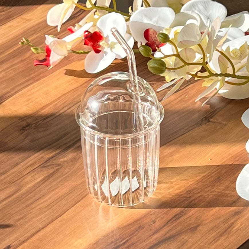 Trasparent Iced Coffee Glass with Bubble Lid and Strew
