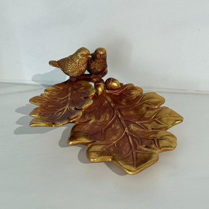 Golden Leaf Tray With Birds Accent