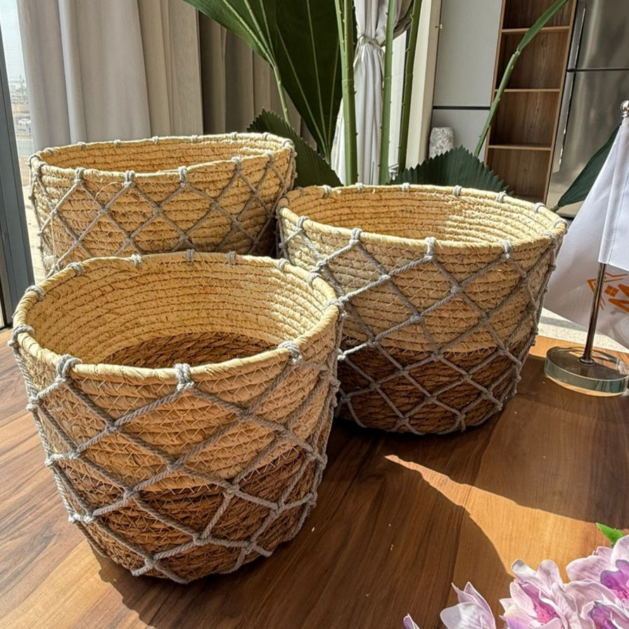 Woven Planter Baskets With Macrame Netting