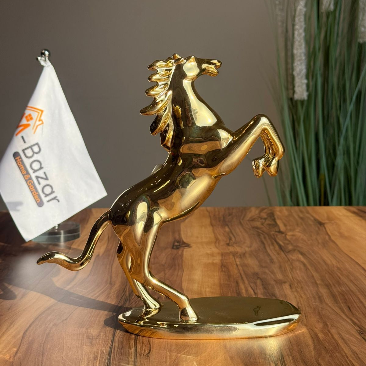 Golden Ceramic Horse Figurine on Pedestal