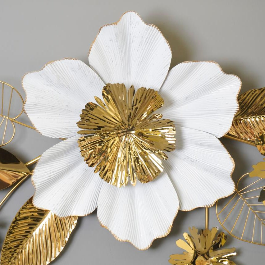 Golden & White Floral Metal Wall Decoration