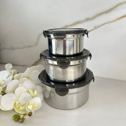 Set Of 3-Sized Stackable Steel Food Storage Containers With Lids