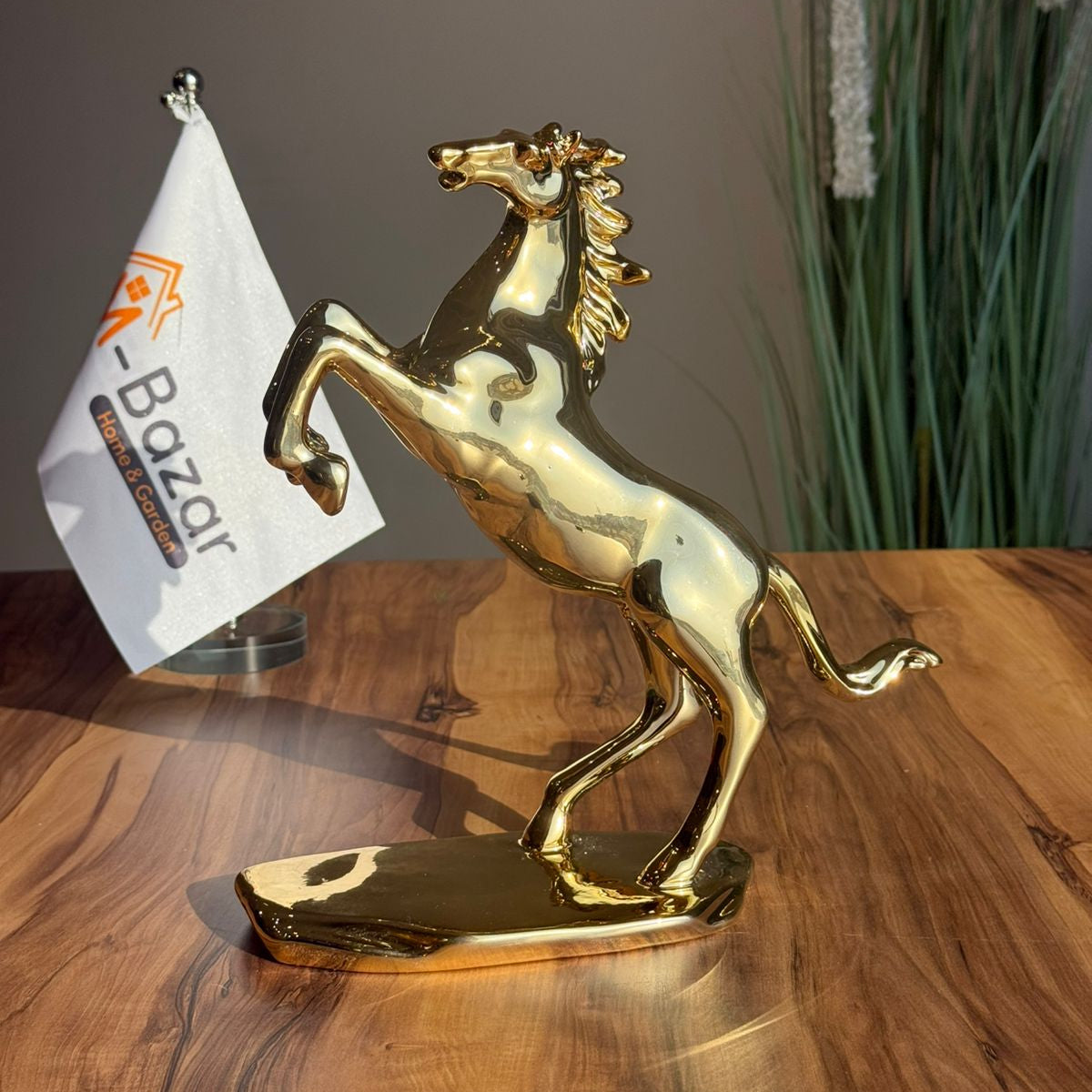 Golden Ceramic Horse Figurine on Pedestal