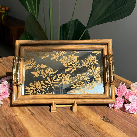 Golden Floral Mirror Tray With Wooden Frame