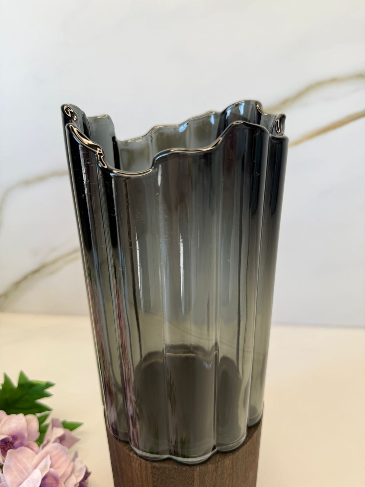 Wave-Edge & Wooden Base - Smoky Glass Vase Collection