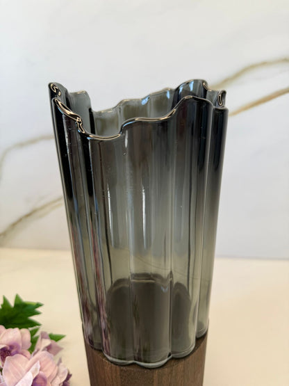 Wave-Edge & Wooden Base - Smoky Glass Vase Collection
