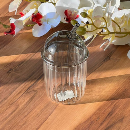 Trasparent Iced Coffee Glass with Bubble Lid and Strew