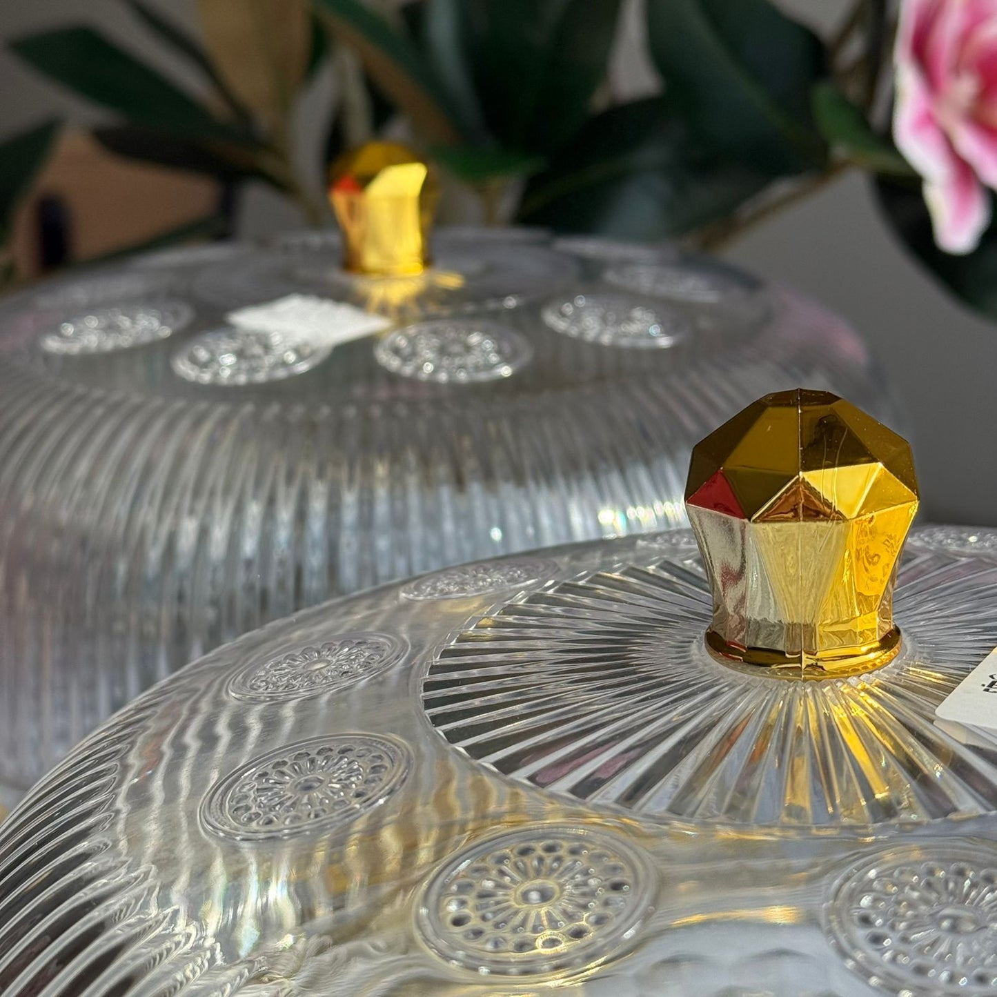 Clear Pedestal Dessert Stand with Gold Accent Lid