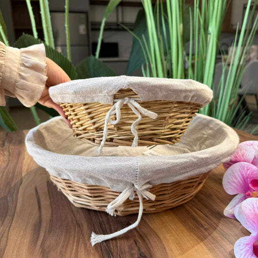 2 Sized Round Wicker Willow Storage Basket With Cloth Lining