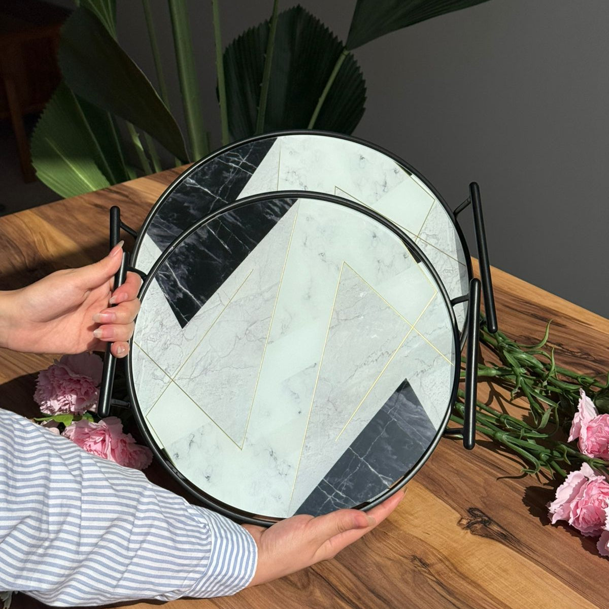 Round Marble Luxe Serving Tray - Set Of 2