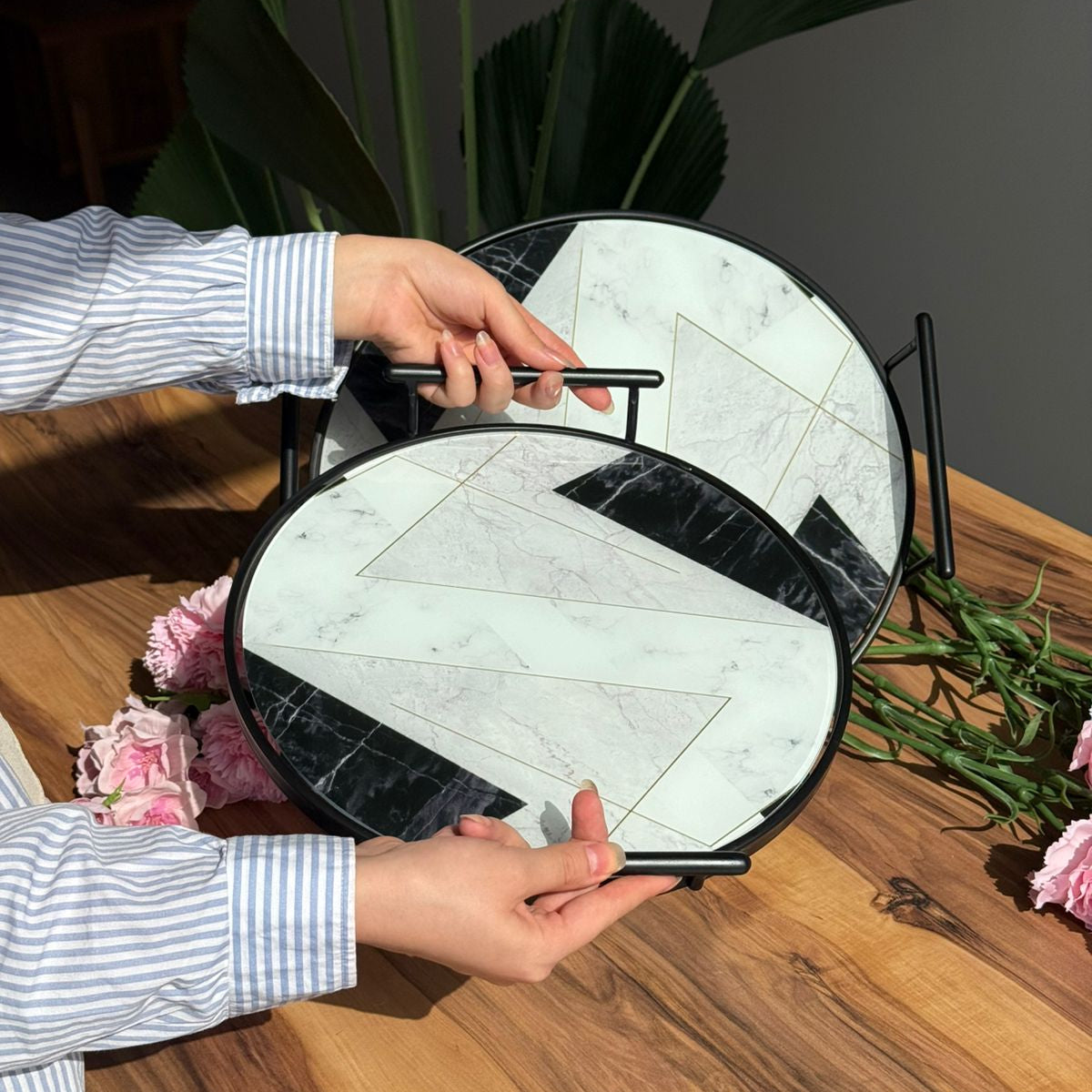 Round Marble Luxe Serving Tray - Set Of 2