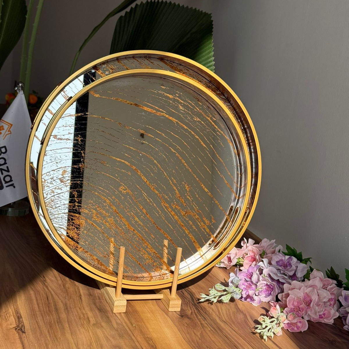 Golden Wave Round Mirror Serving & Decorative Tray