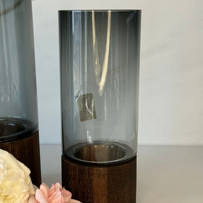 Smoky Glass Vase Collection With Decorative Wooden Base