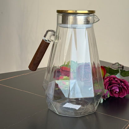 Elegant Diamond-Pattern Glass Pitcher with Wooden Handle