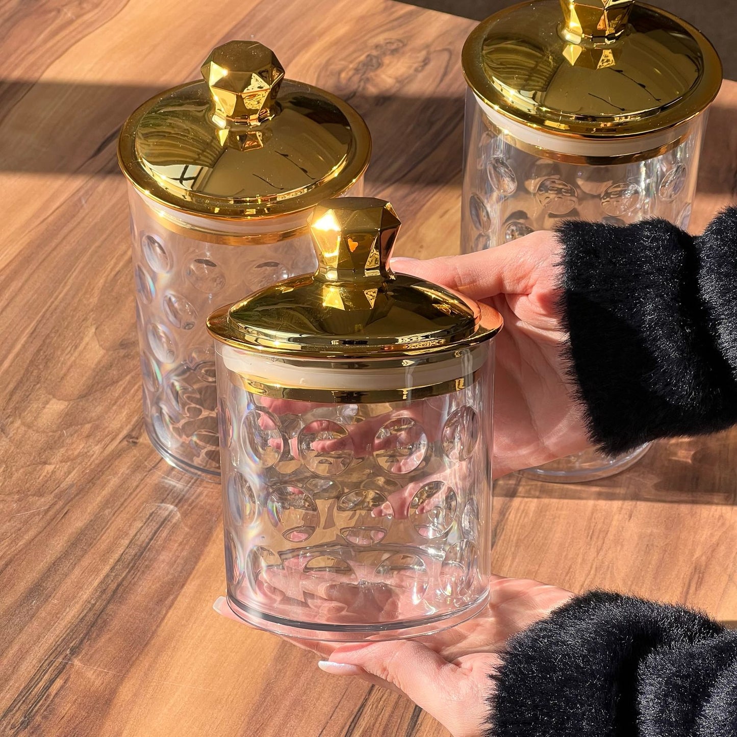 Set Of 3 Storage Jars With Golden Lid