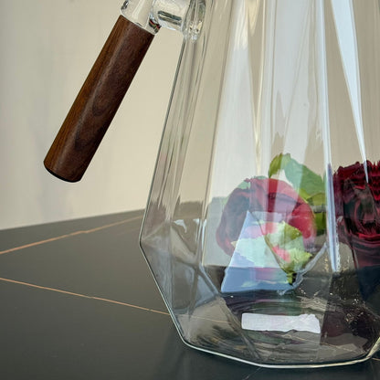 Elegant Diamond-Pattern Glass Pitcher with Wooden Handle