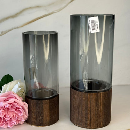 Smoky Glass Vase Collection With Decorative Wooden Base